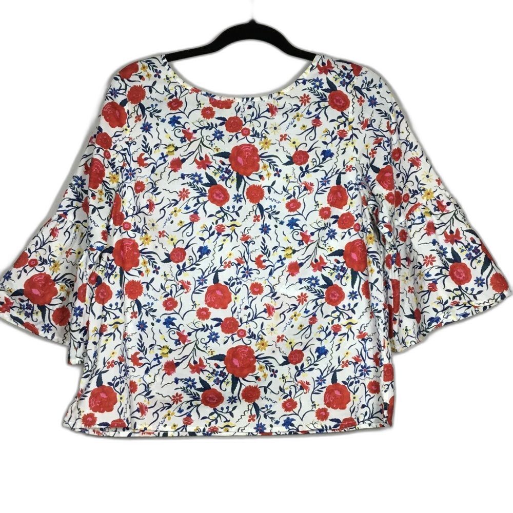 Bell sleeve 100% cotton flowy top tie back colorful bold floral boho hippie Sz8